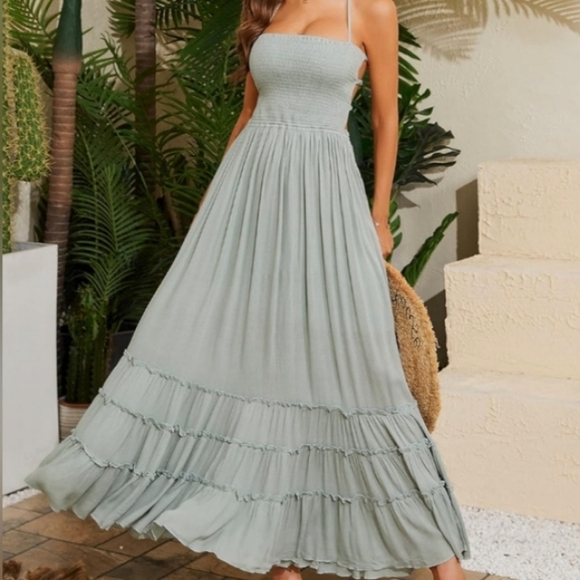 Light Mint Green Maxi Halter Dress Tiered Full Flowy Bohemian Beach Vacation New - Picture 5 of 16